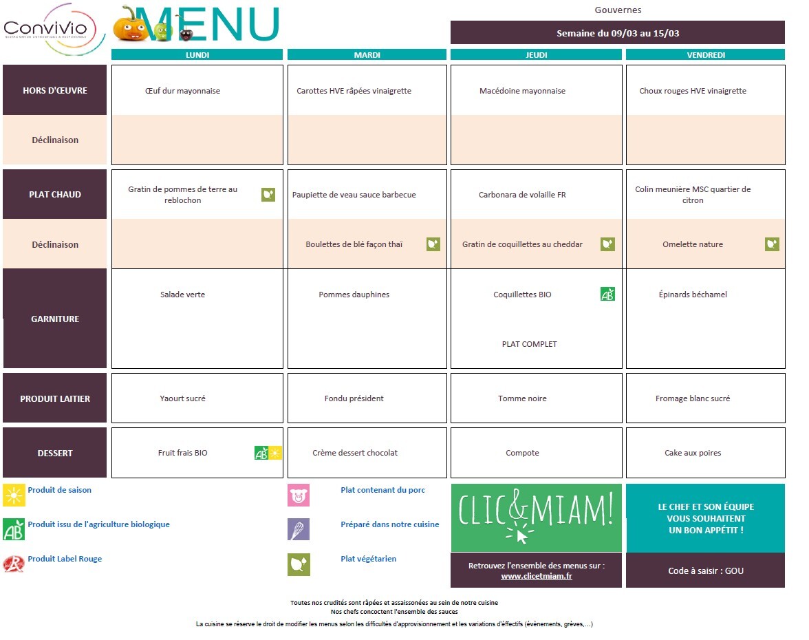 Menu 09 mars au 15 mars