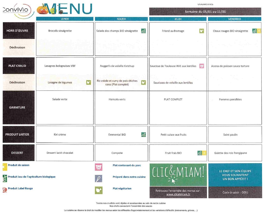 Menu du 05 janv 09 janv